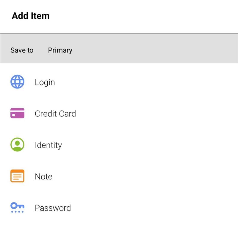 Select category to add new Item in Enpass on Android device
