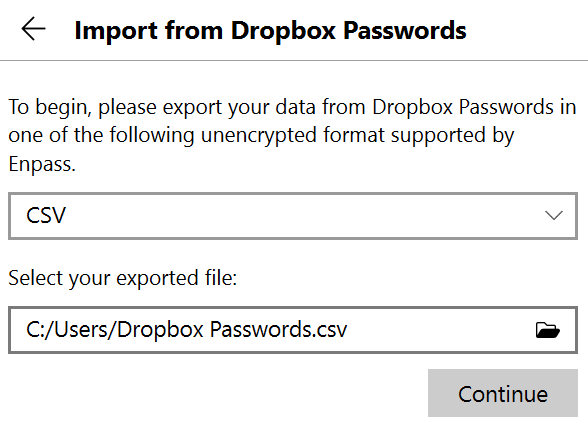 Locate and select your exported file, then click continue