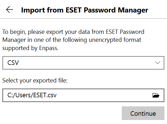 Locate and select your exported file, then click continue