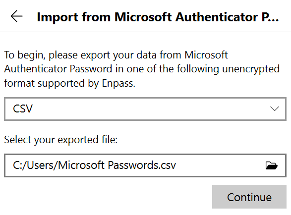 Locate and select your exported file, then click continue