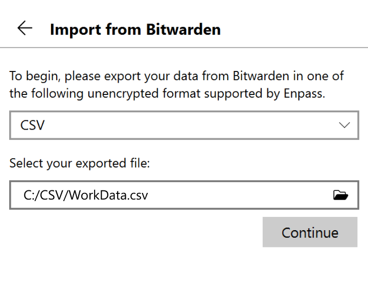 Locate and select your exported file, then click continue