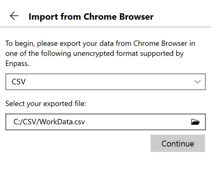 Locate and select your exported file, then click continue