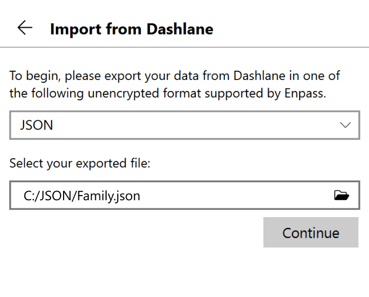 Locate and select your exported file, then click continue