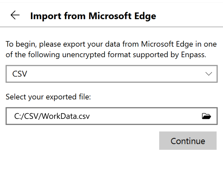 Locate and select your exported file, then click continue