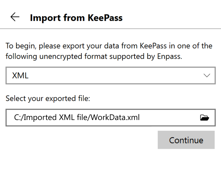 Locate and select your exported file, then click continue