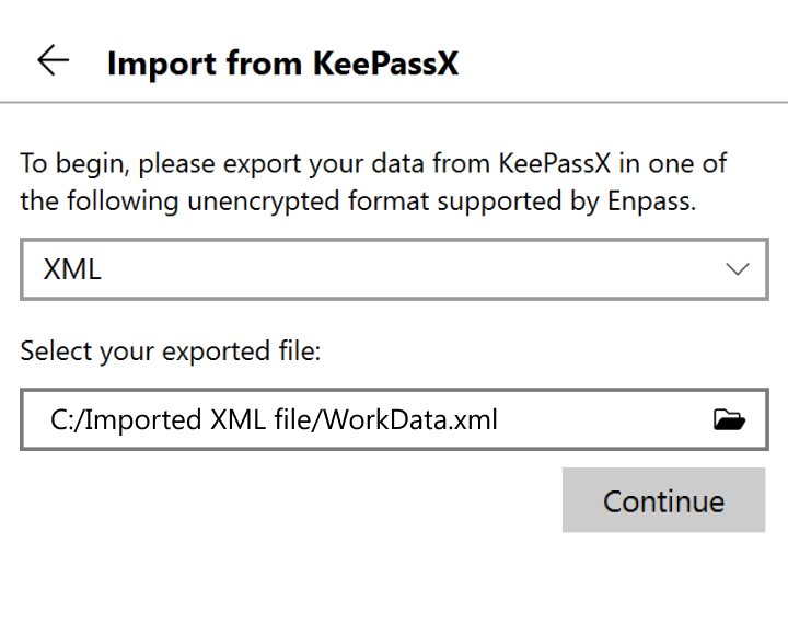 Locate and select your exported file, then click continue