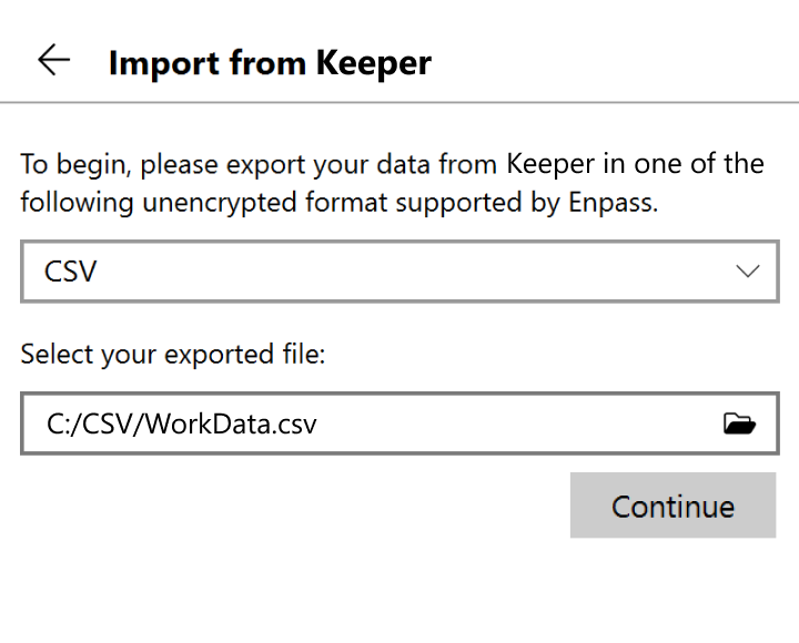 Locate and select your exported file, then click continue