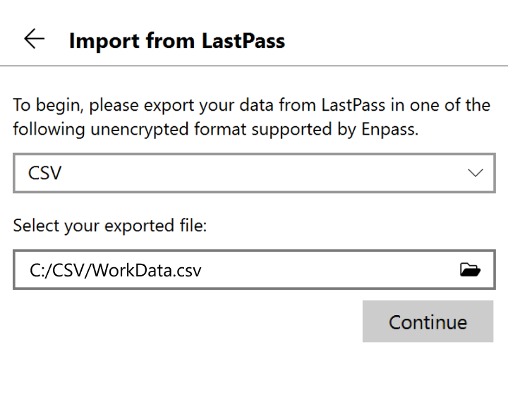 Locate and select your exported file, then click continue