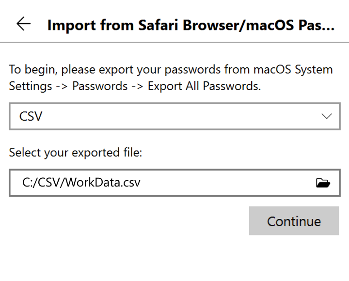 Locate and select your exported file, then click continue