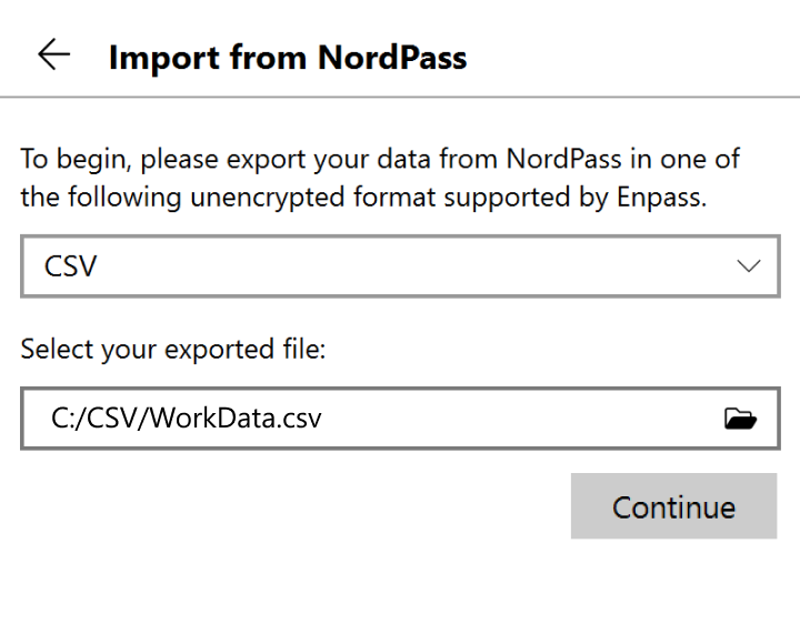 Locate and select your exported file, then click continue