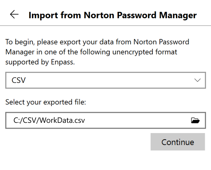 Locate and select your exported file, then click continue