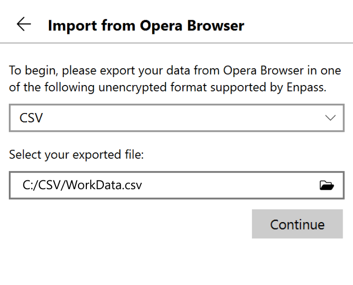 Locate and select your exported file, then click continue