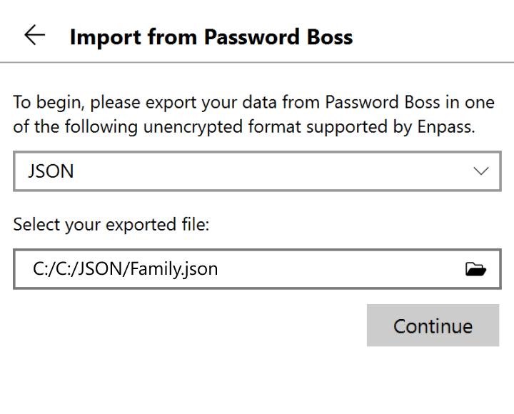 Locate and select your exported file, then click continue