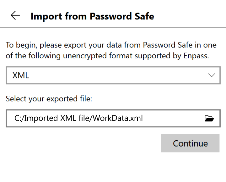 Locate and select your exported file, then click continue