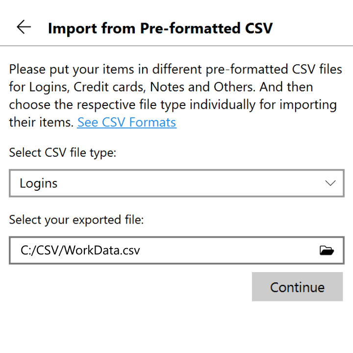Locate and select your exported file, then click continue