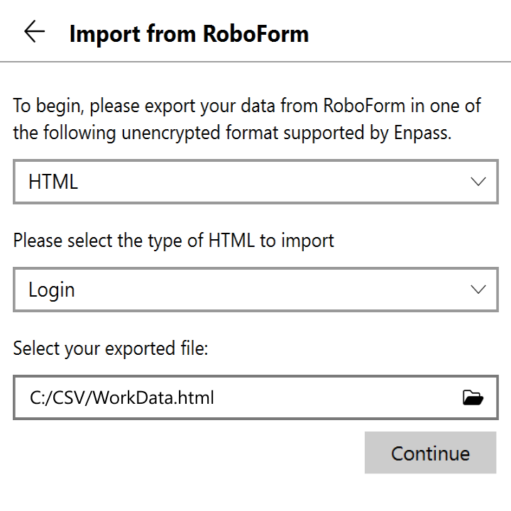 Locate and select your exported file, then click continue