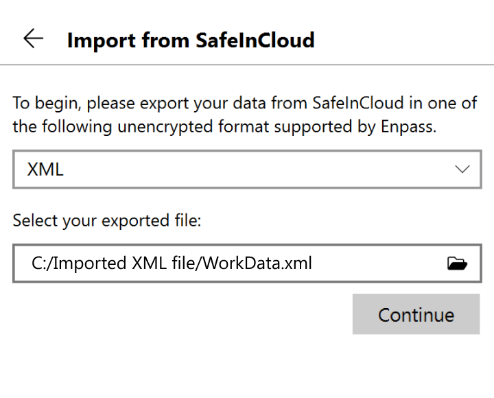 Locate and select your exported file, then click continue