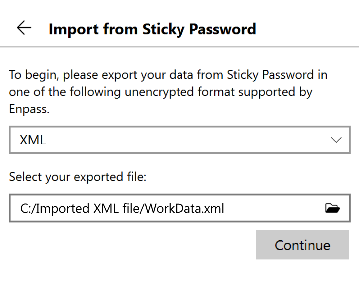 Locate and select your exported file, then click continue