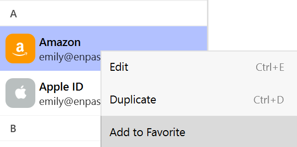 Right-click an Item to select add to Favorite in Enpass