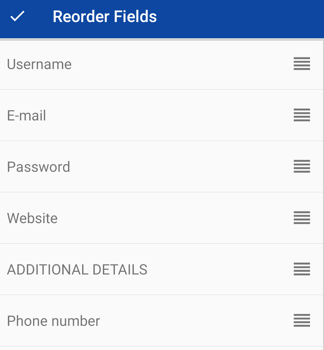 Reorder fields in Enpass in Item edit view on Android device