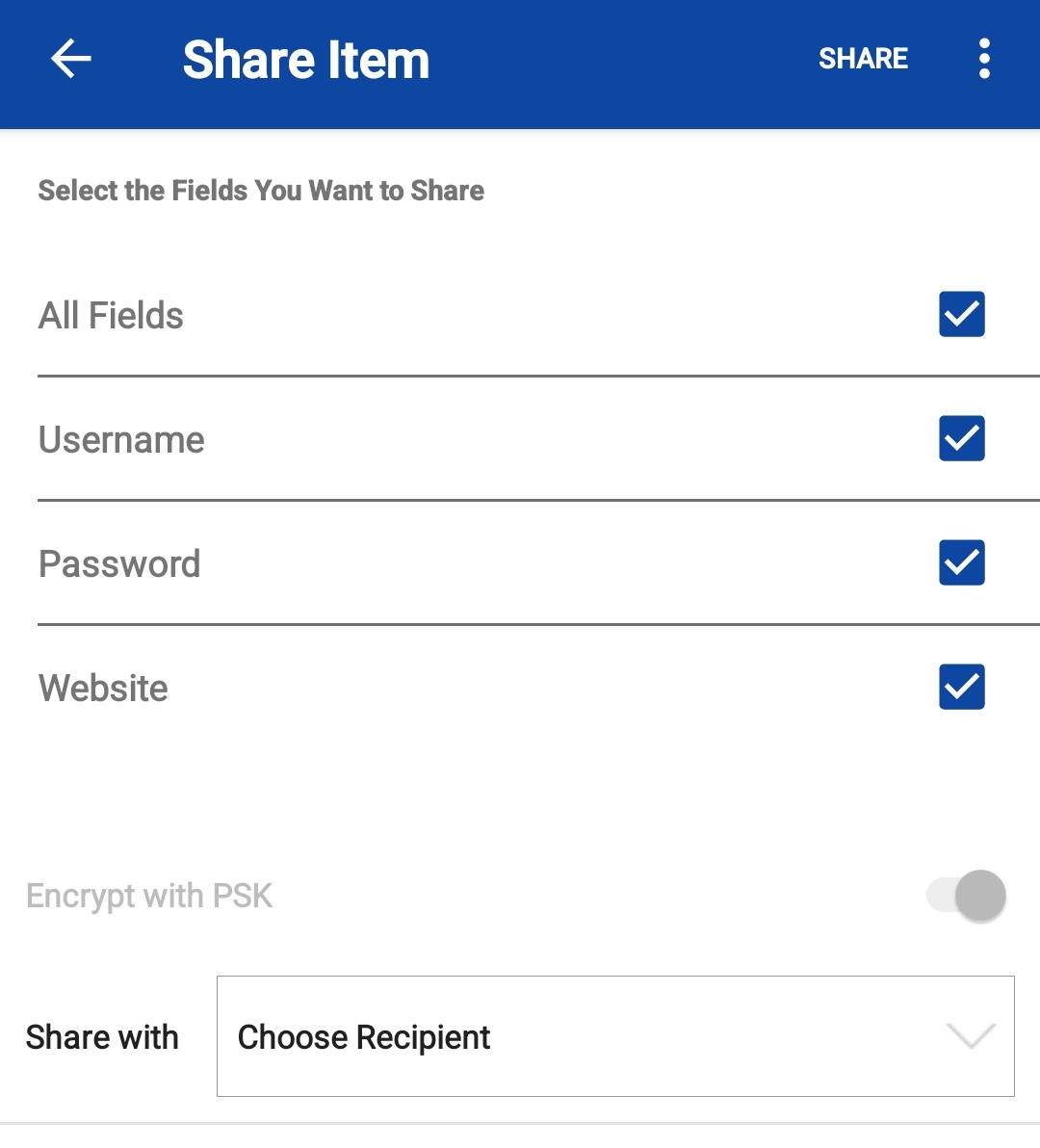 Select the fields from the list to share with recipient
