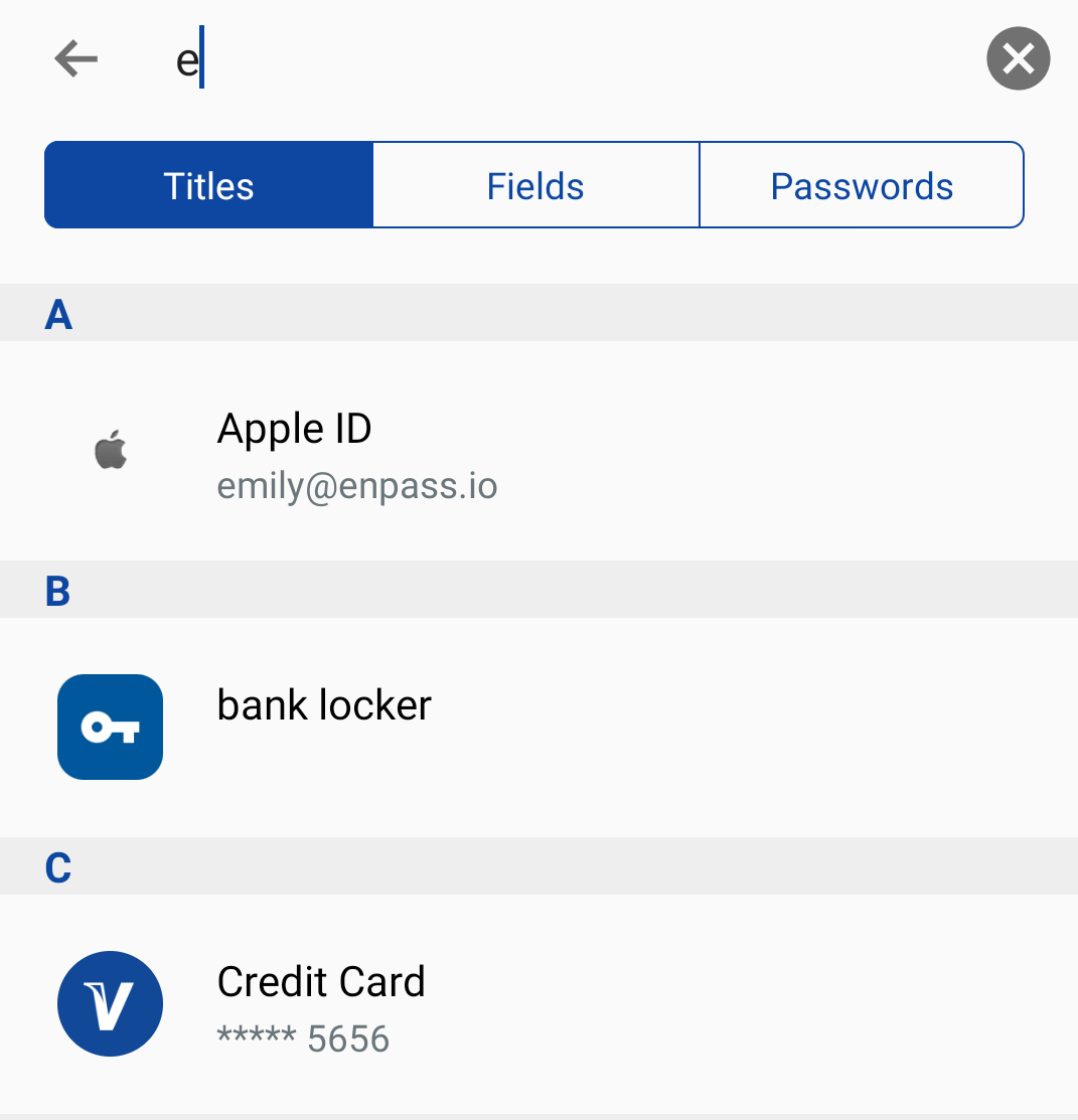 Search result when titles criteria is selected on Android device